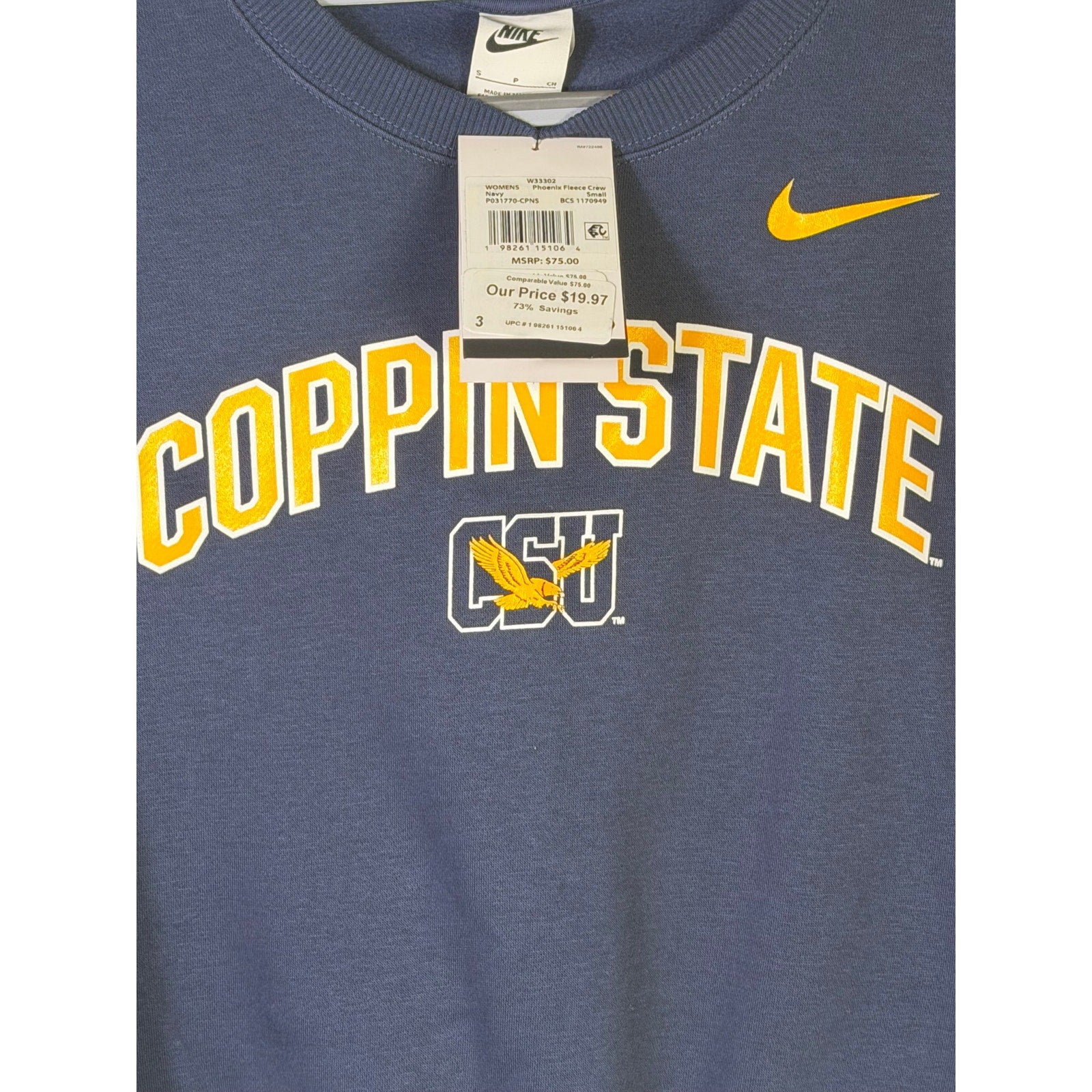 Nike Women’s Coppin State Eagles navy fleece crewneck sweatshirt with Phoenix logo, size small, comfortable and casual athletic wear.