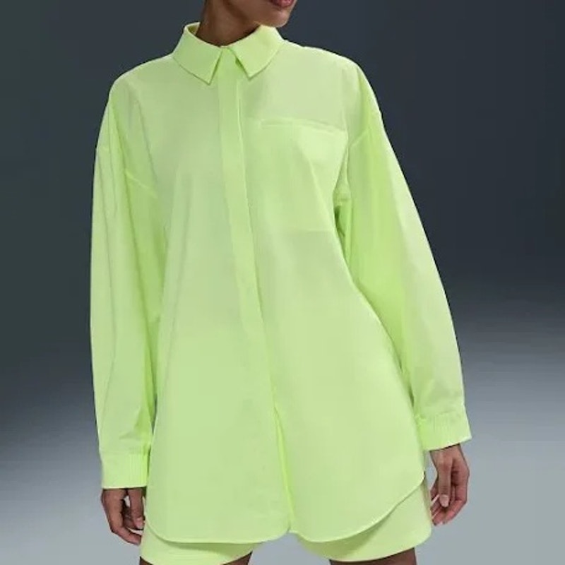 Nike 24.7 Women's New Venture Oversized Button-Up Shirt Neon Yellow Long Sleeve