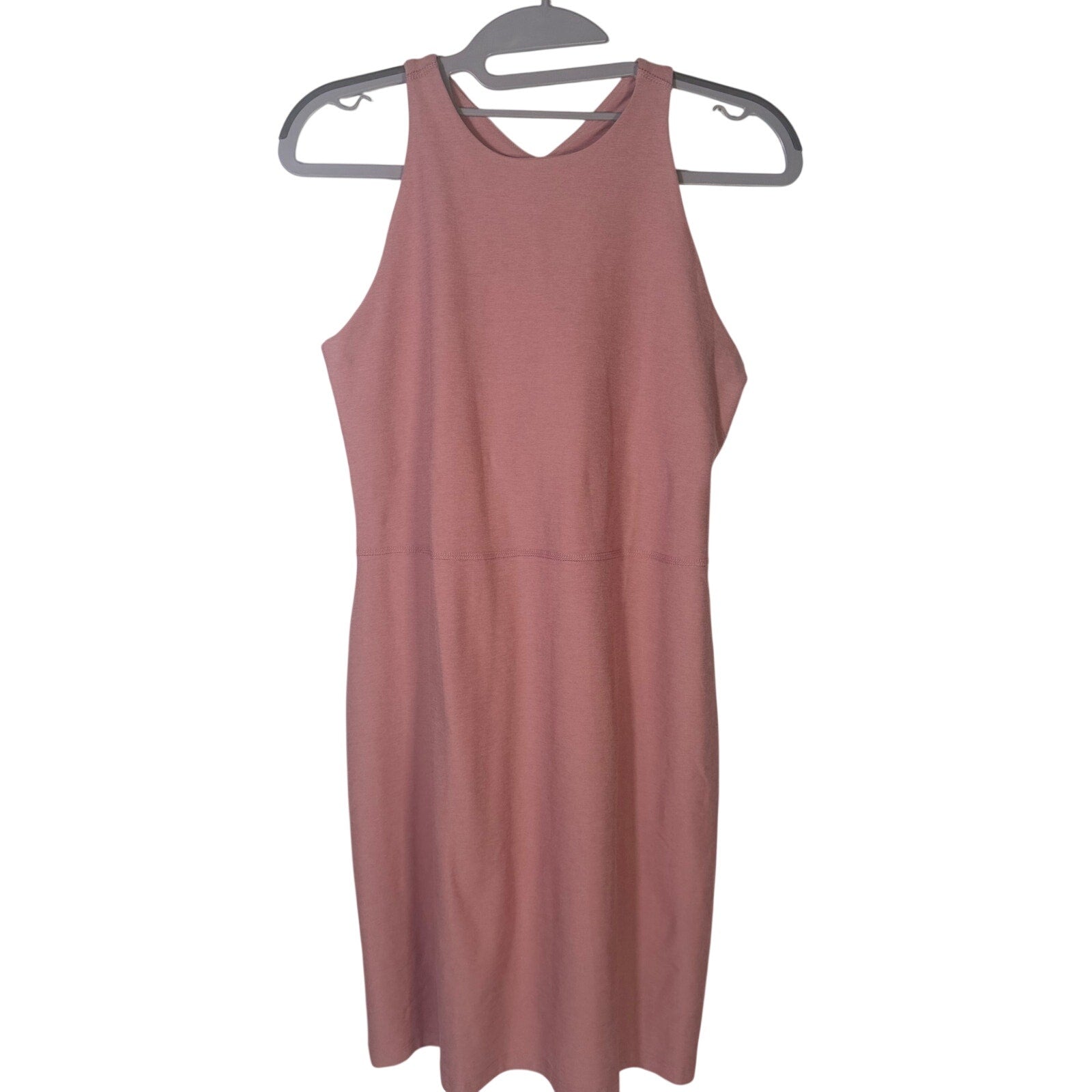 Beyond Yoga women's dusty rose racerback midi tank dress, size M, stylish and comfortable for casual wear.