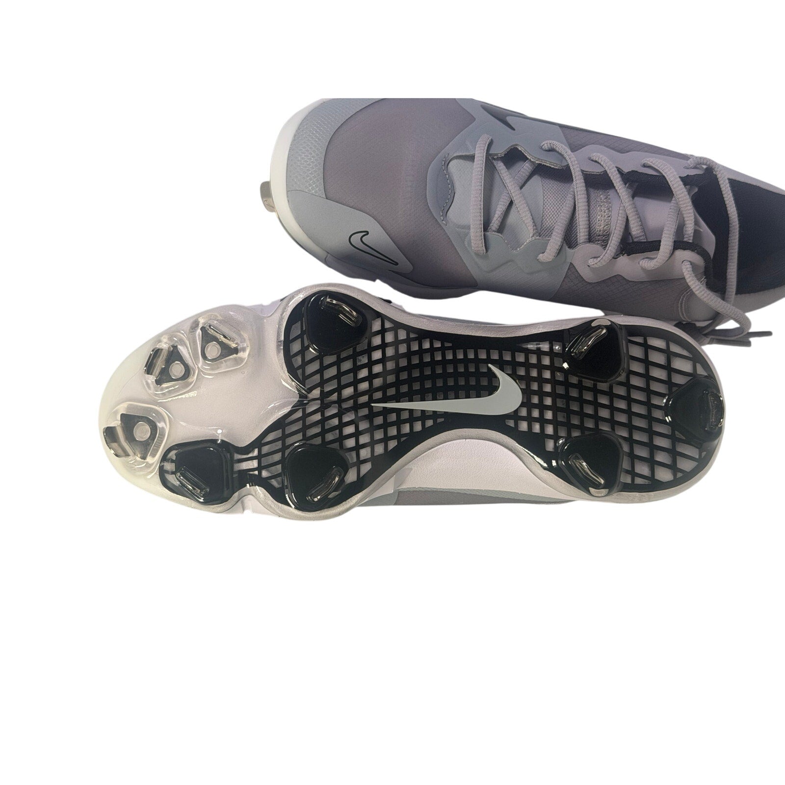 Nike Force Zoom Trout 9 Pro men's baseball cleats in grey, size 8, with textured outsole and Nike branding visible.