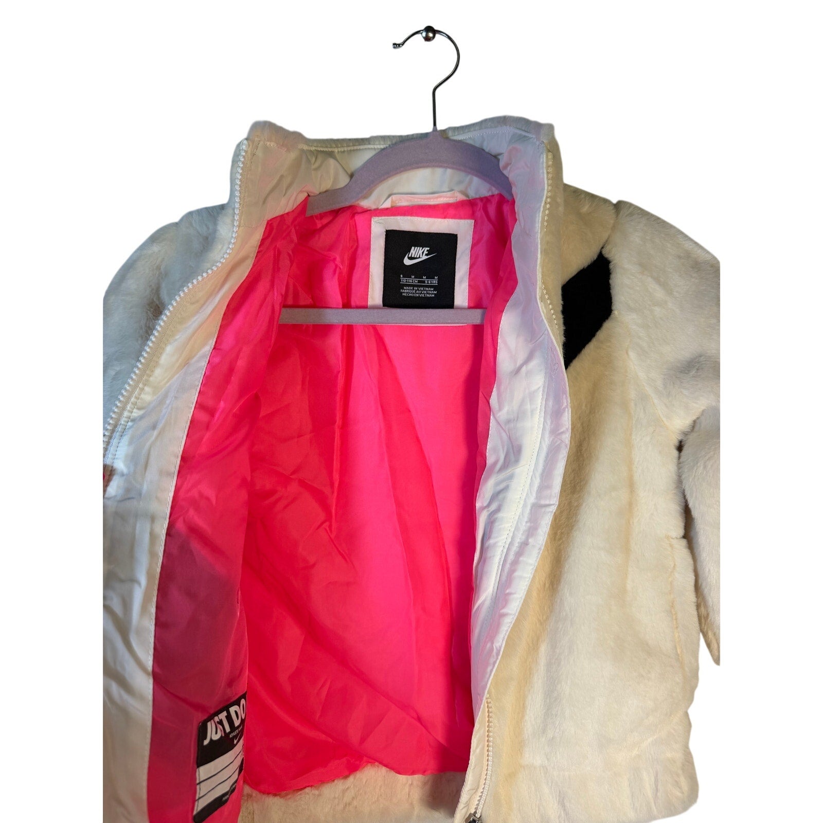 Nike Girls Faux Fur Swoosh Jacket Sail White Size 6 Full Zip NWT