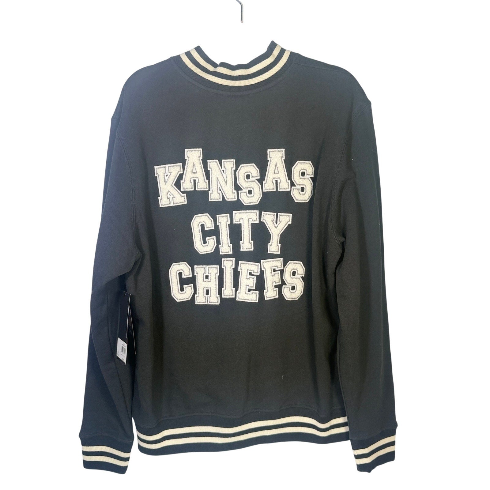 Stoney Clover Kansas City Chiefs women's varsity jacket in black, large size, with team logo and classic varsity style.