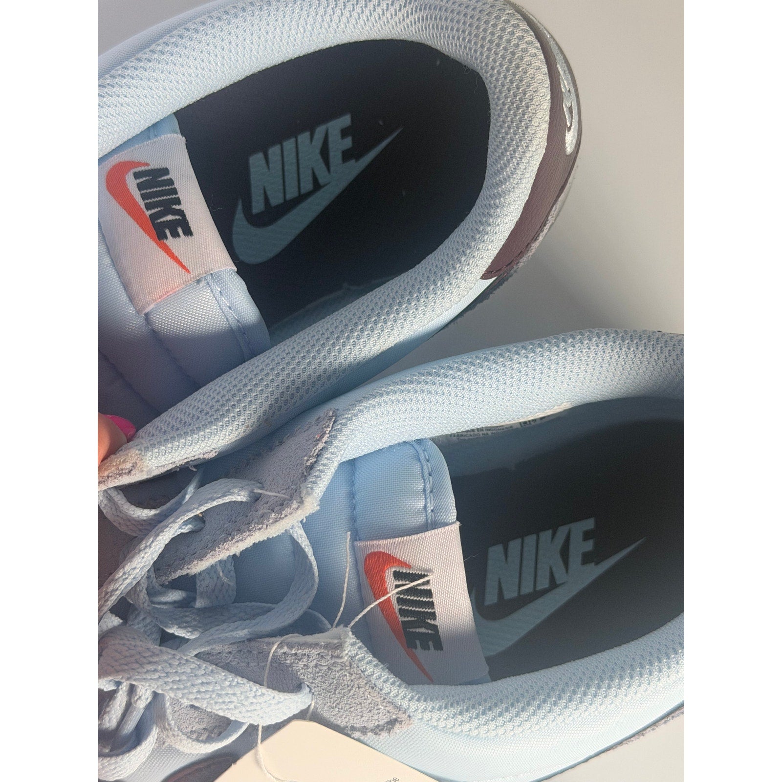 Light blue and burgundy Nike Classic Cortez nylon men's sneakers, size 8.5, with a sleek design and retro style.