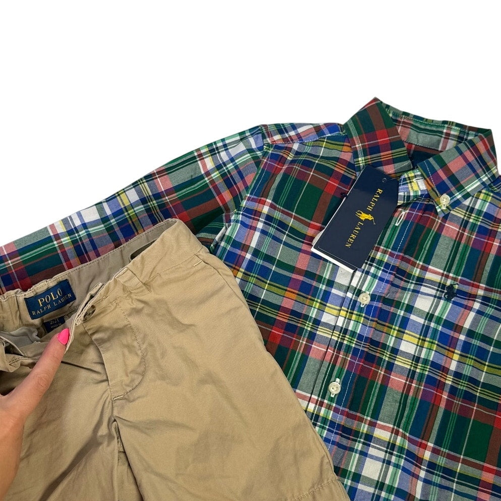 Polo Ralph Lauren Boys Plaid Shirt Khaki Chino Shorts Size 2T Outfit Set