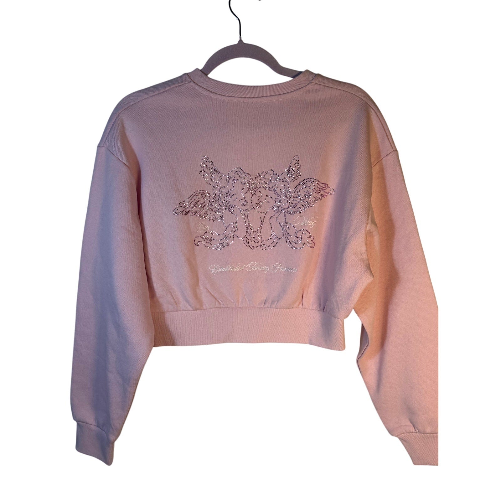 Hoodrich Rhinestone Logo Cropped Sweatshirt Women's Small Pink Crewneck Pullover NWT