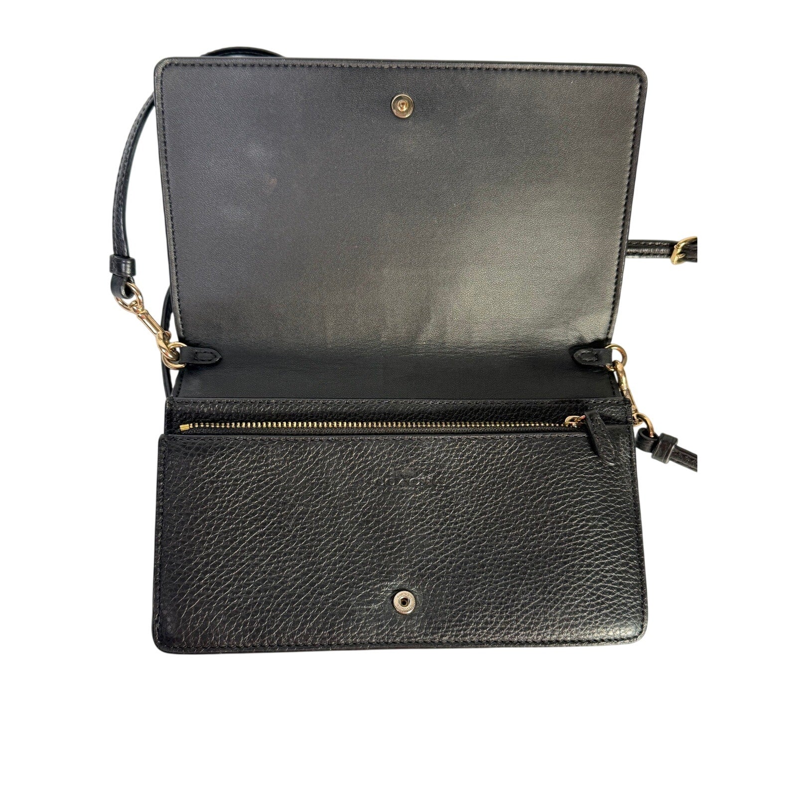 Coach Women’s Black Leather Foldover Crossbody Wallet Bag Adjustable Strap