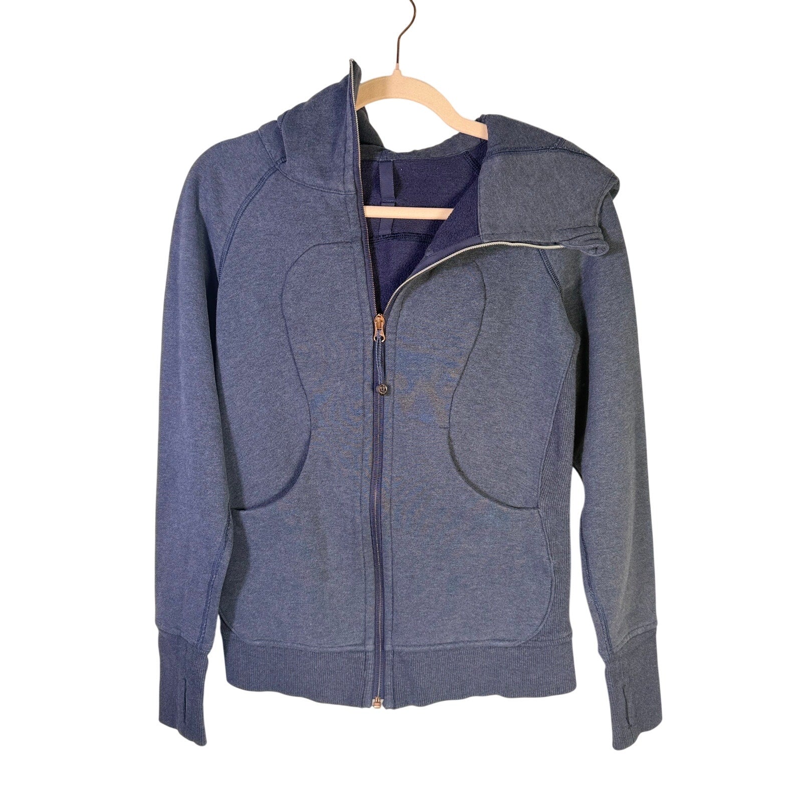Lululemon women's Heathered Blue Scuba Full-Zip Hoodie, size 6, casual athleticwear with a front zipper and comfortable fit.