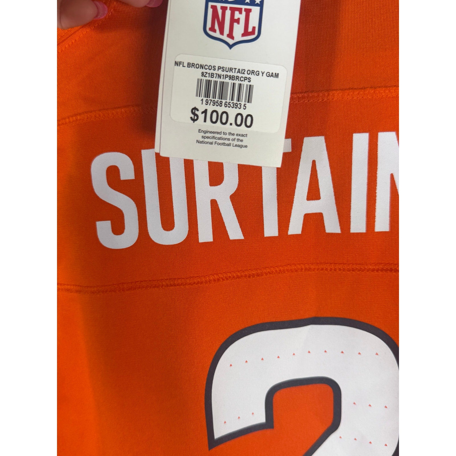 Nike Youth Denver Broncos Patrick Surtain II #2 Game Jersey Orange Size L NWT