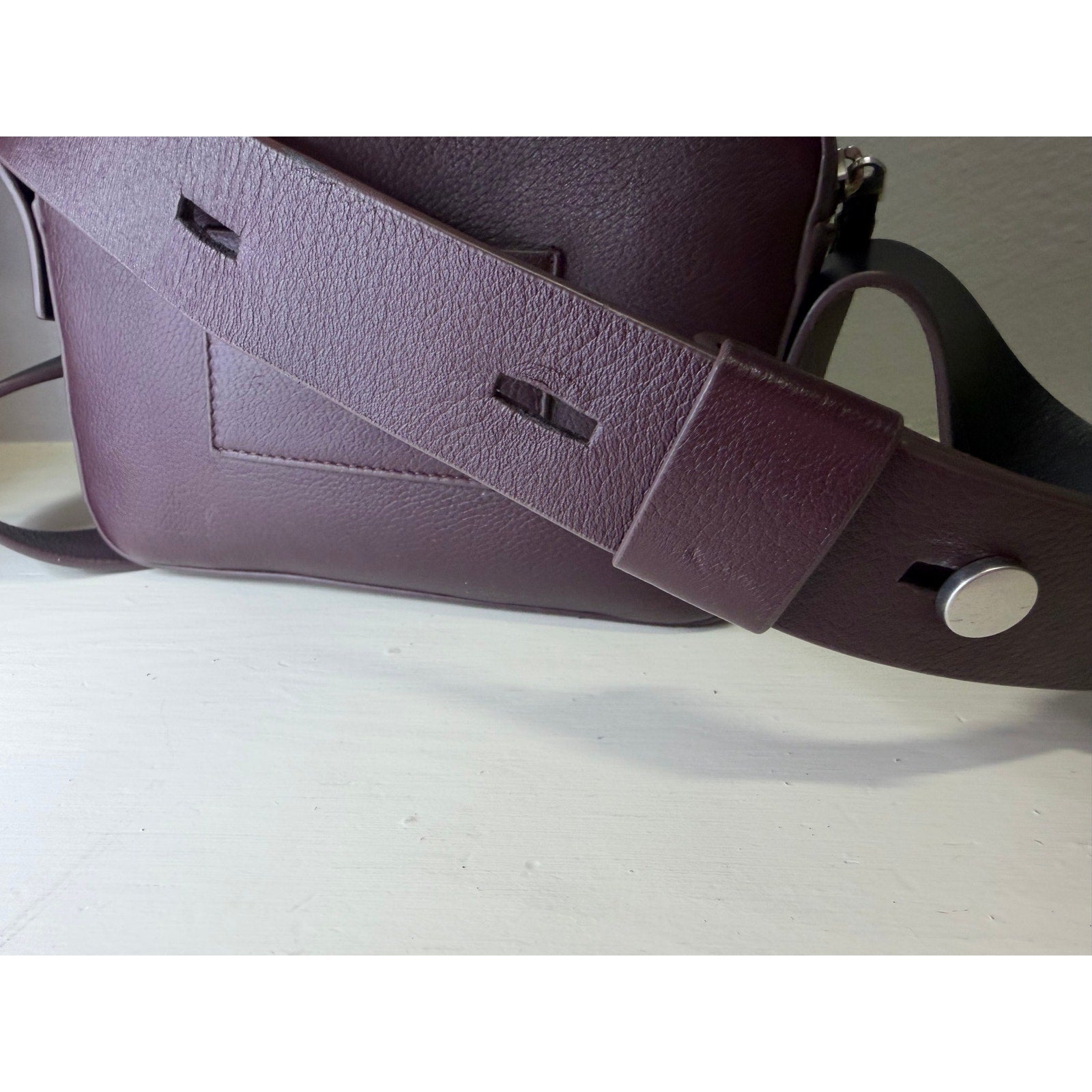AllSaints Women’s Burgundy Pebbled Leather Camera Crossbody Bag Adjustable Strap