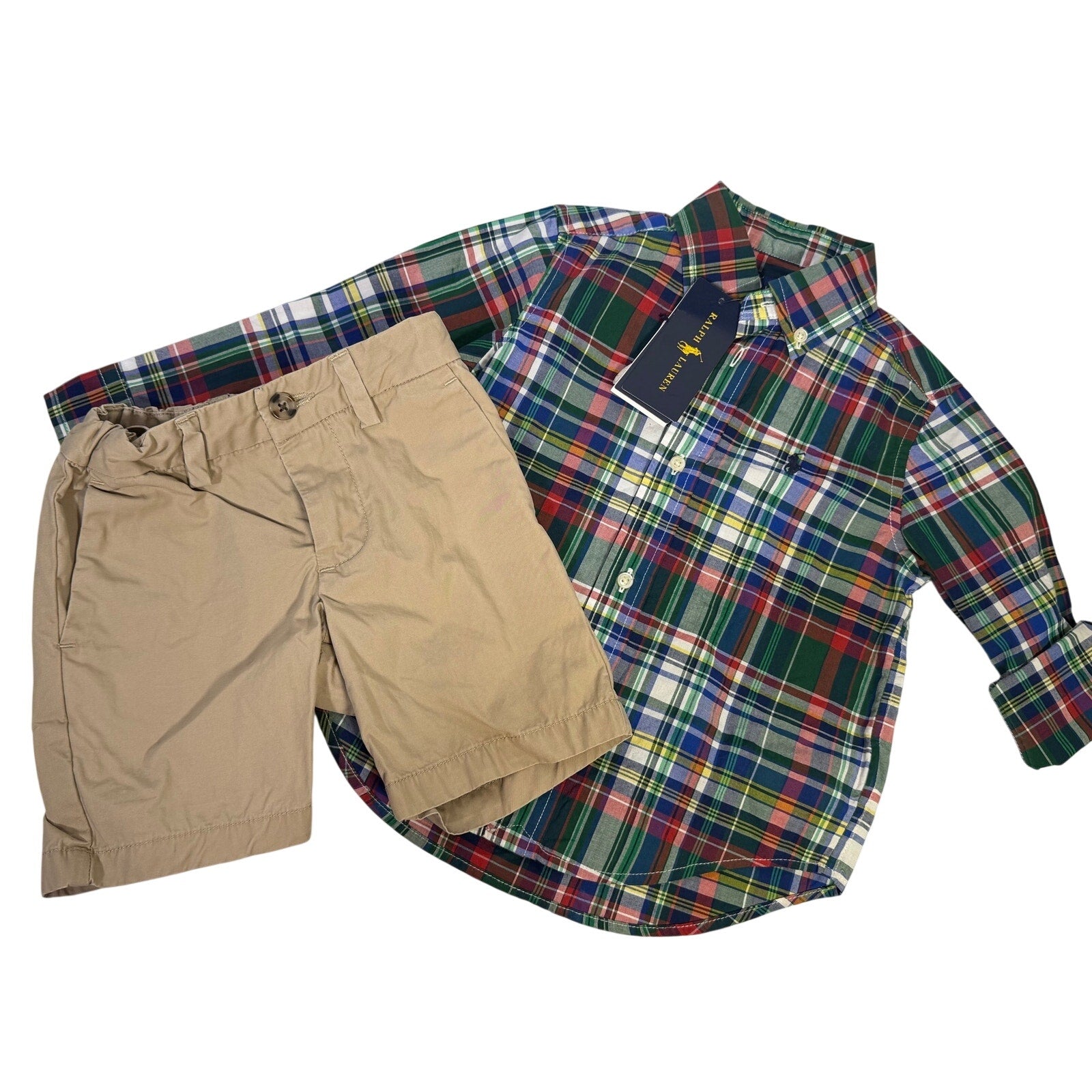 Polo Ralph Lauren Boys Plaid Shirt Khaki Chino Shorts Size 2T Outfit Set