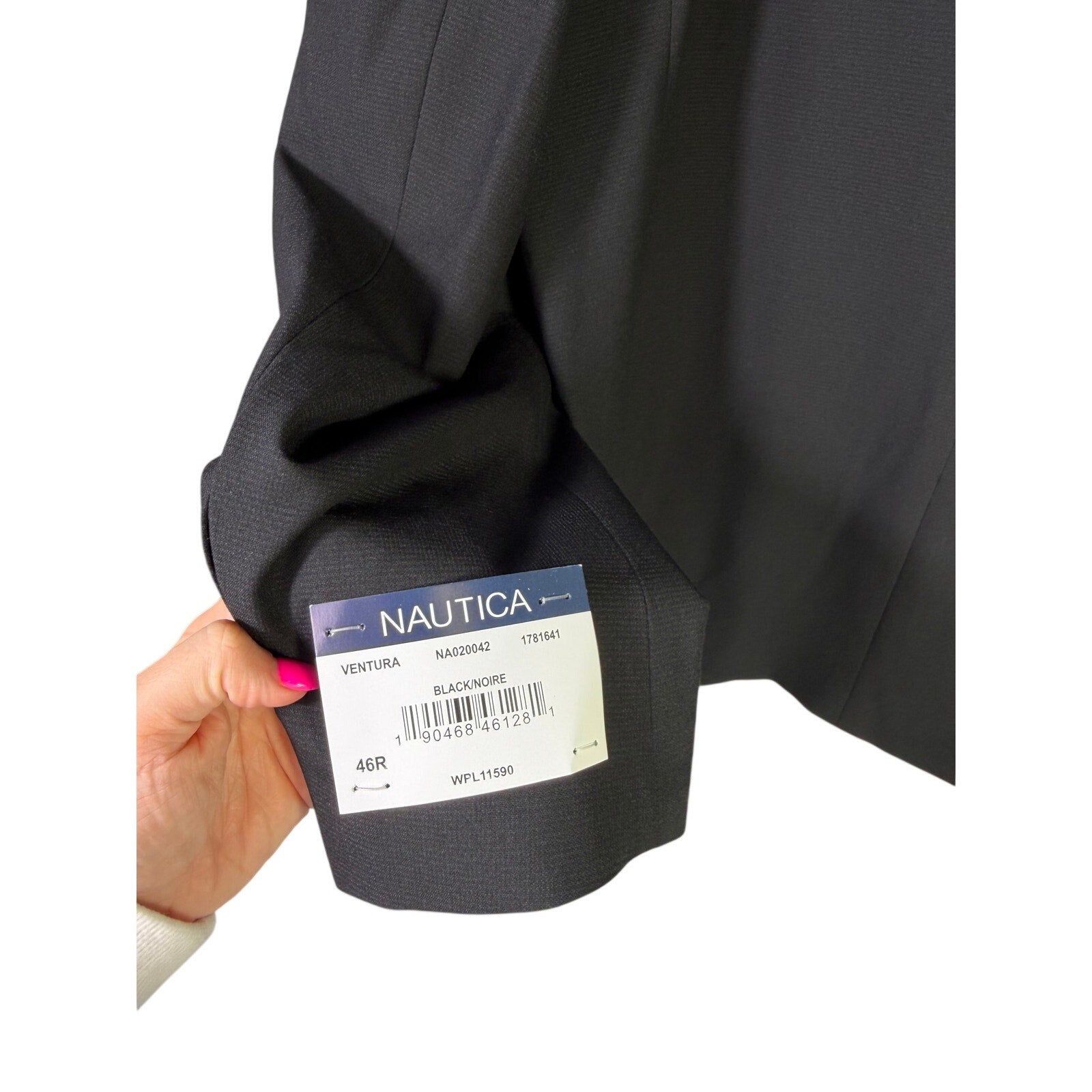 Black Nautica men's Ventura modern fit active stretch blazer, size 46R, displayed on a hanger with a tailored profile.
