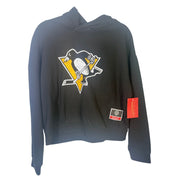 Mitchell & Ness Pittsburgh Penguins NHL Chirp Classic Hoodie for men, medium size, displayed on a hanger.