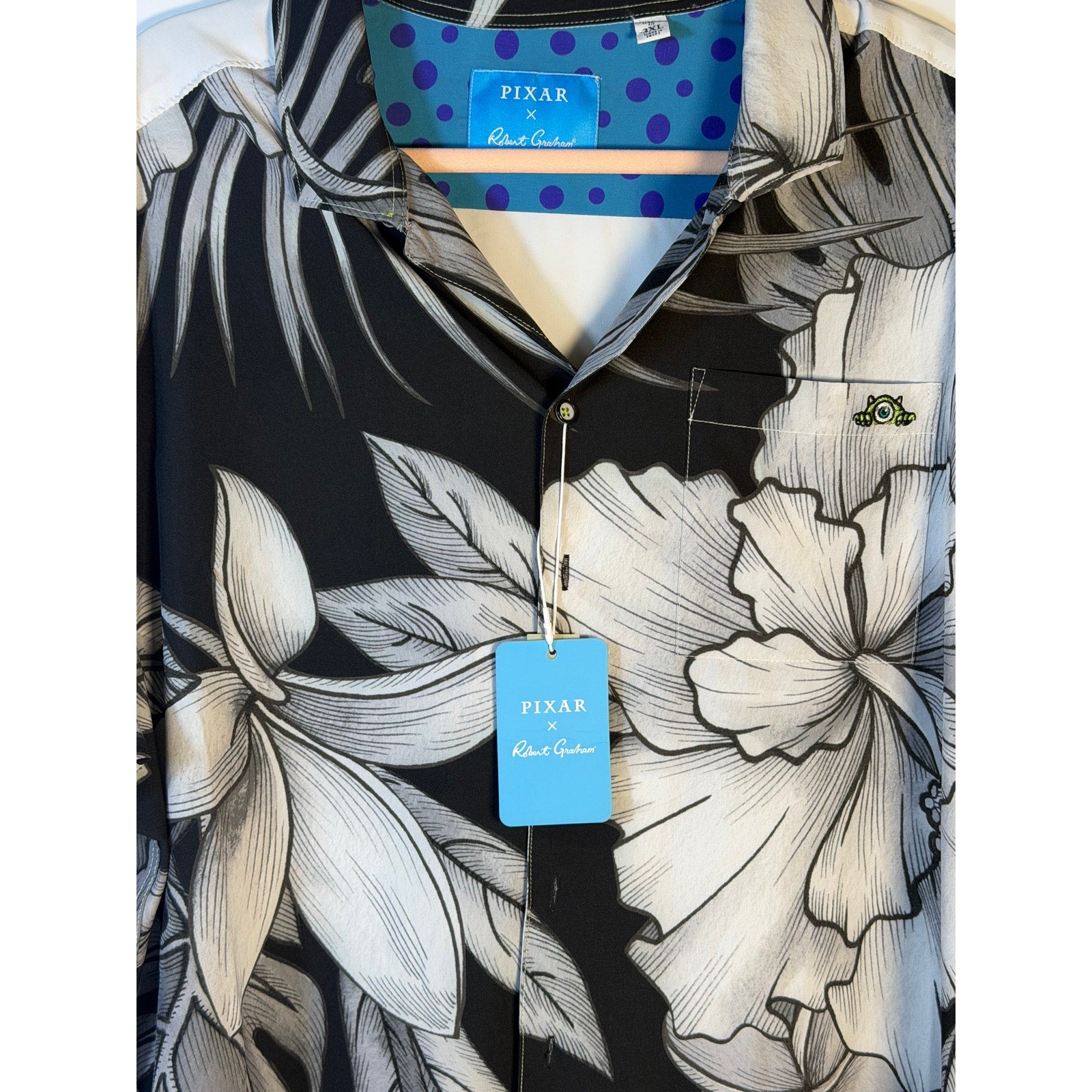 Robert Graham Pixar Hello Boys Hawaiian Shirt 3XL Black Floral NWT Disney