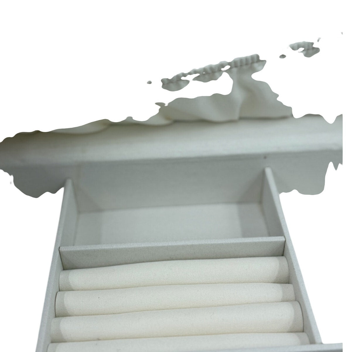 3-Tier Ivory Faux Leather Jewelry Box – Champagne Gold Handles – Faux Suede Lining