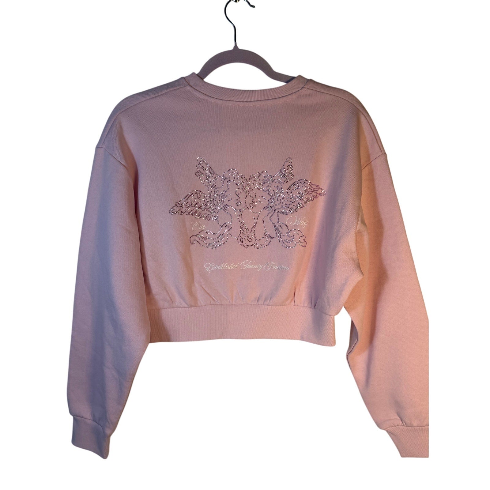 Hoodrich Rhinestone Logo Cropped Sweatshirt Women's Small Pink Crewneck Pullover NWT