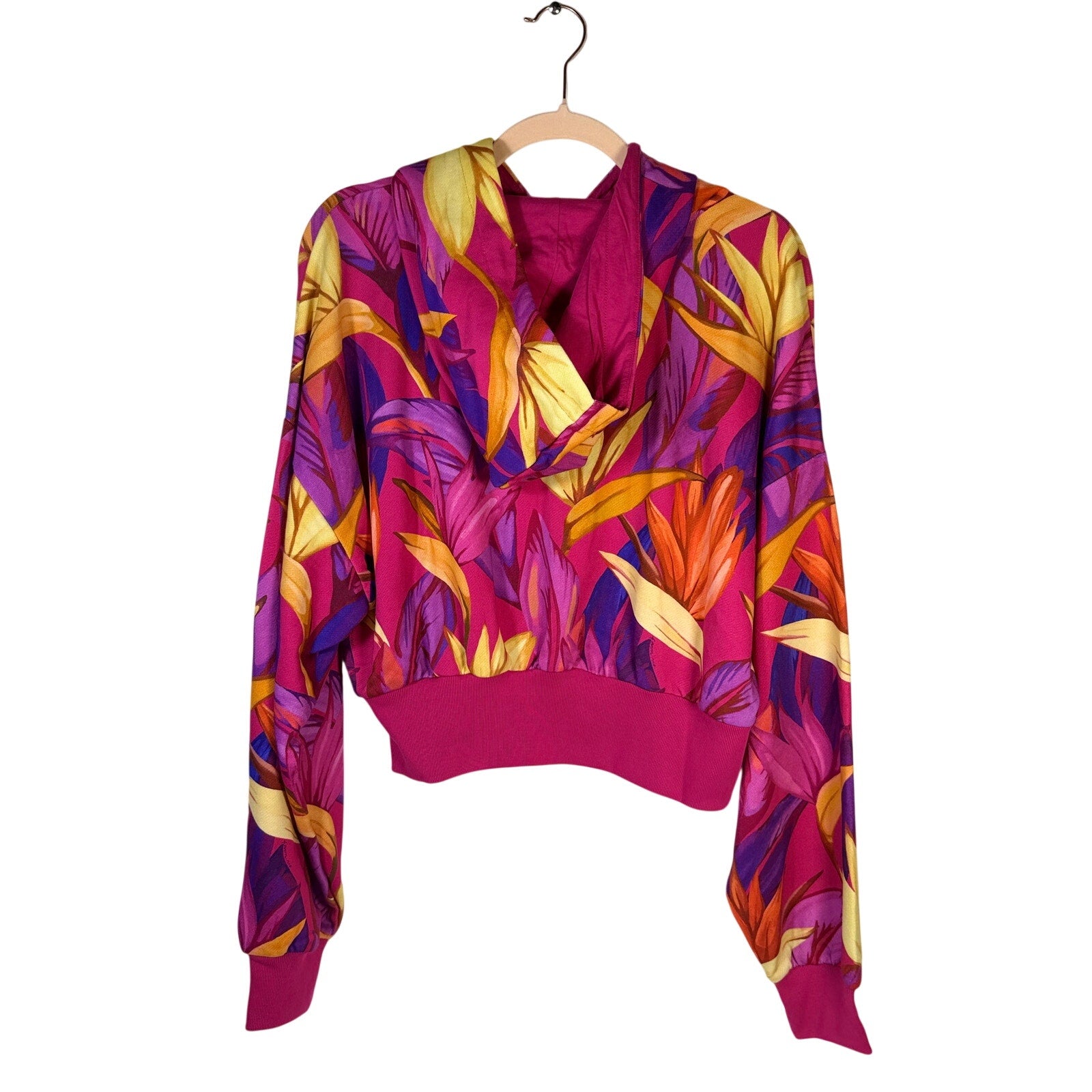adidas x FARM Rio women's tropical floral cropped hoodie in pink and multicolor, size XL, with vibrant floral print.