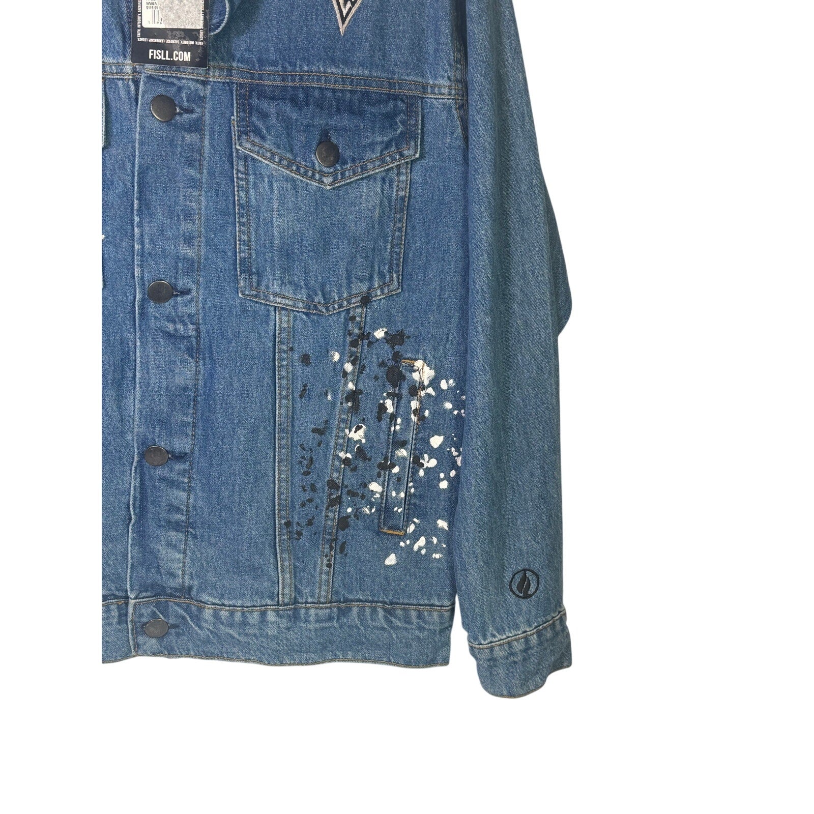 FISLL Las Vegas Aces Wilson denim jacket in medium size, unisex style, featuring team logo and classic blue denim fabric.