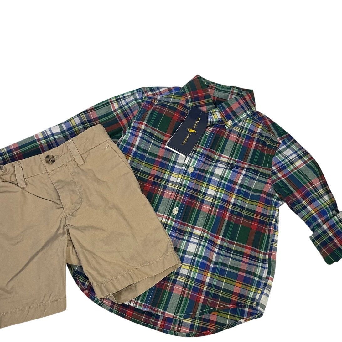 Polo Ralph Lauren Boys Plaid Shirt Khaki Chino Shorts Size 2T Outfit Set