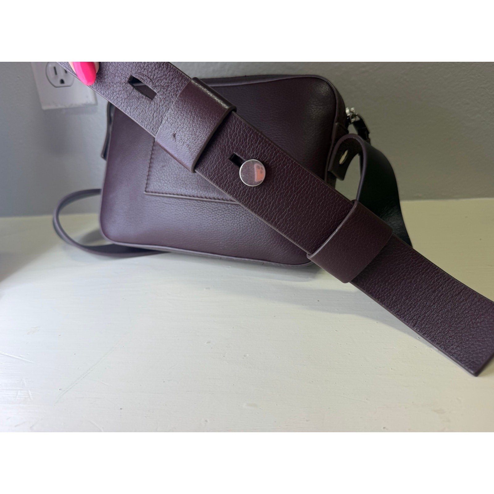 AllSaints Women’s Burgundy Pebbled Leather Camera Crossbody Bag Adjustable Strap