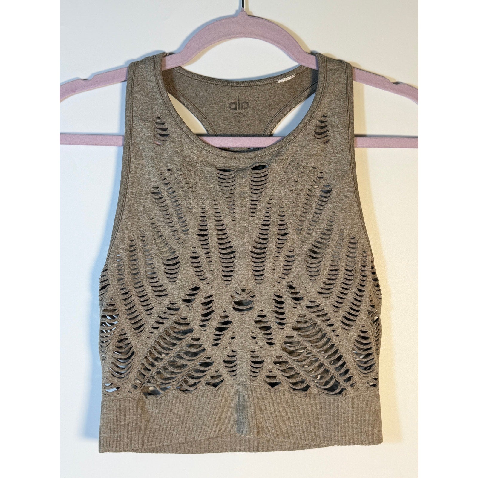 Alo Yoga Seamless Open Knit Racerback Tank Top Women's S Gray Activewear