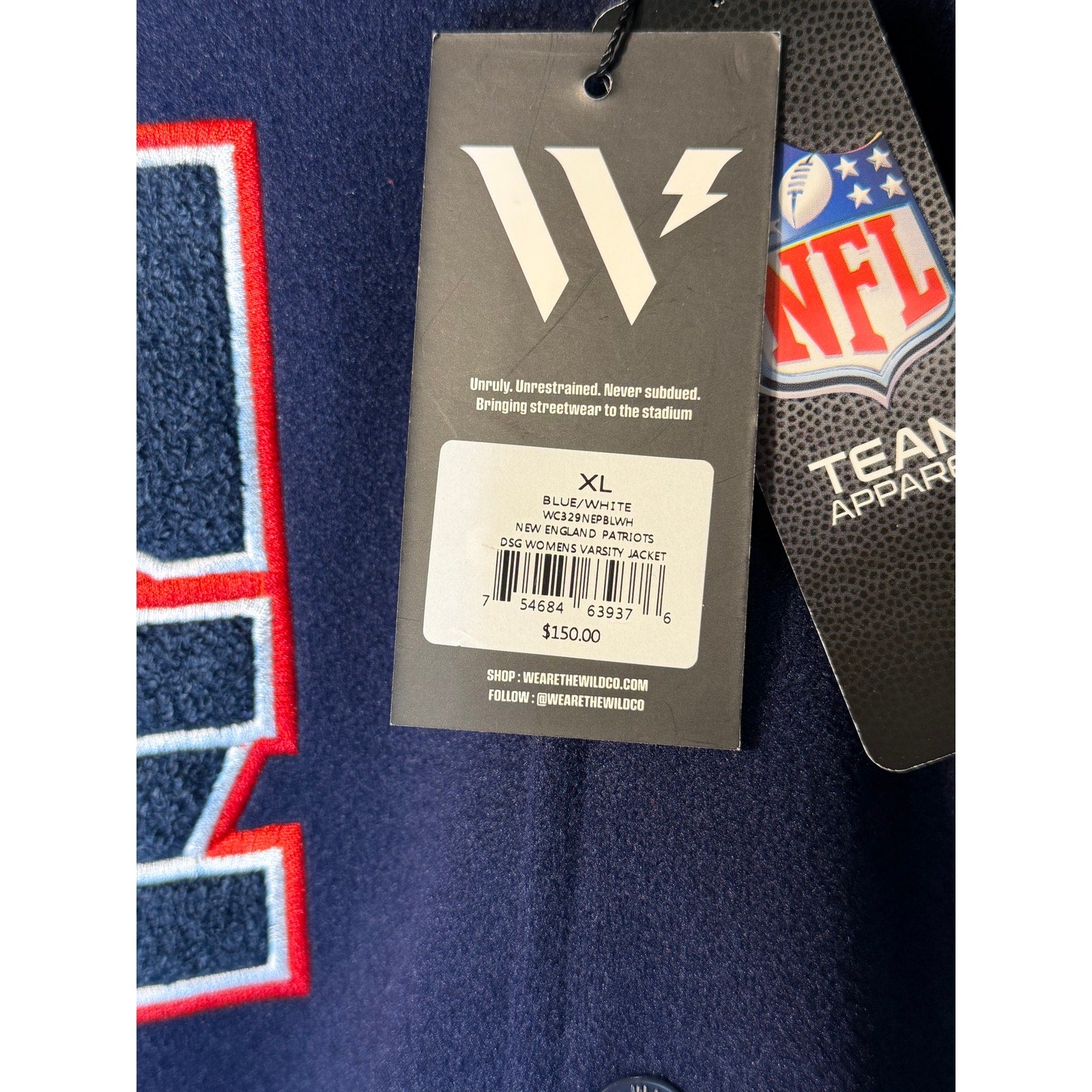 New England Patriots Women's Varsity Jacket Hoodie Blue/White XL NFL Team Apparel Embroidered Wool Faux Leather