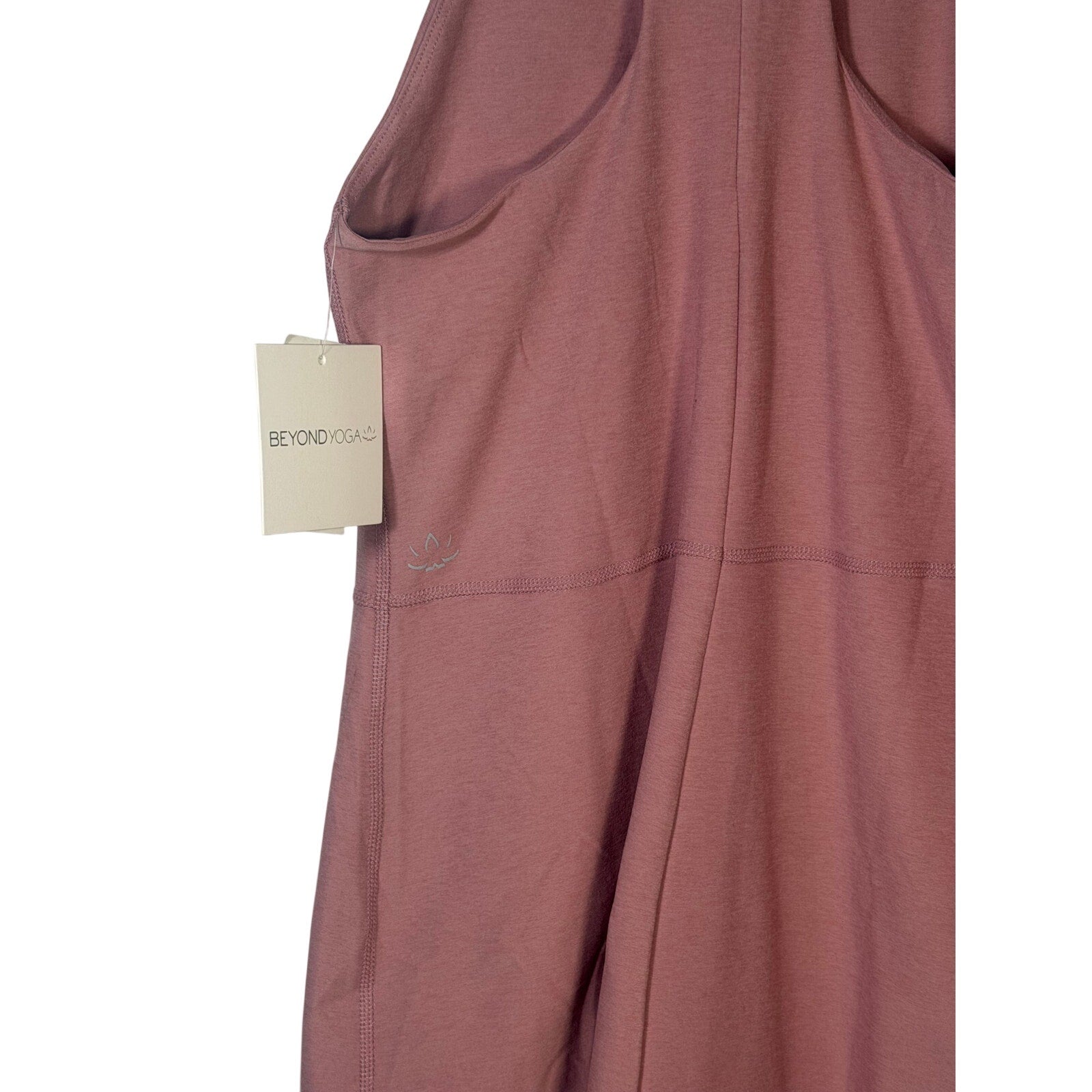 Beyond Yoga women's dusty rose racerback midi tank dress, size M, featuring a comfortable, stylish sleeveless design.