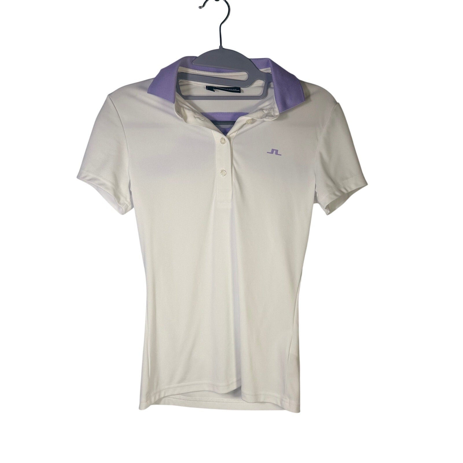J.Lindeberg women's white and lavender short sleeve golf polo shirt in size XS, fitted and stylish for active wear.