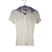 J.Lindeberg women's white and lavender short sleeve golf polo shirt in size XS, fitted and stylish for active wear.