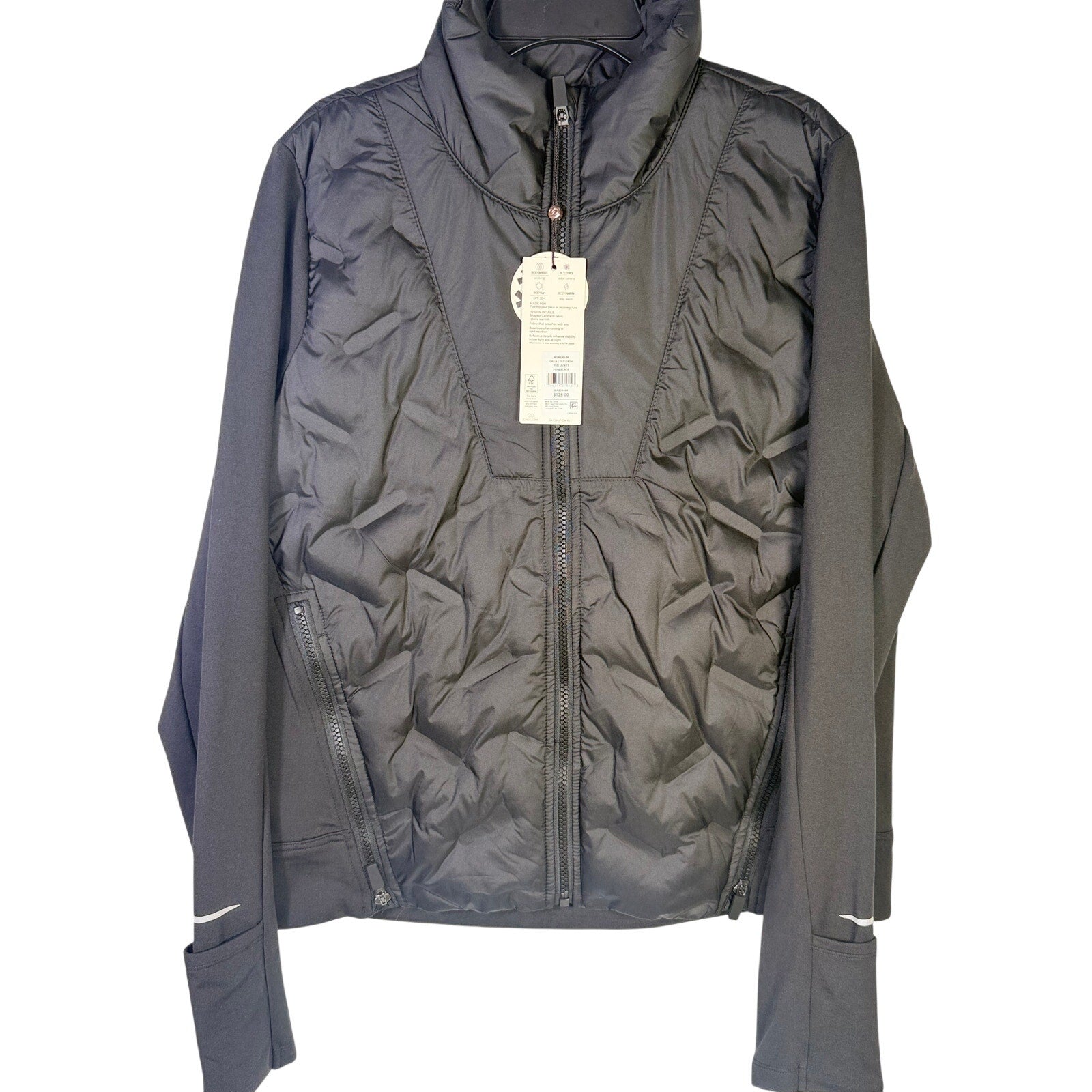 CALIA Women's Cold Dash Run Jacket in pure black, size medium, featuring a hybrid quilted design for activewear and running.