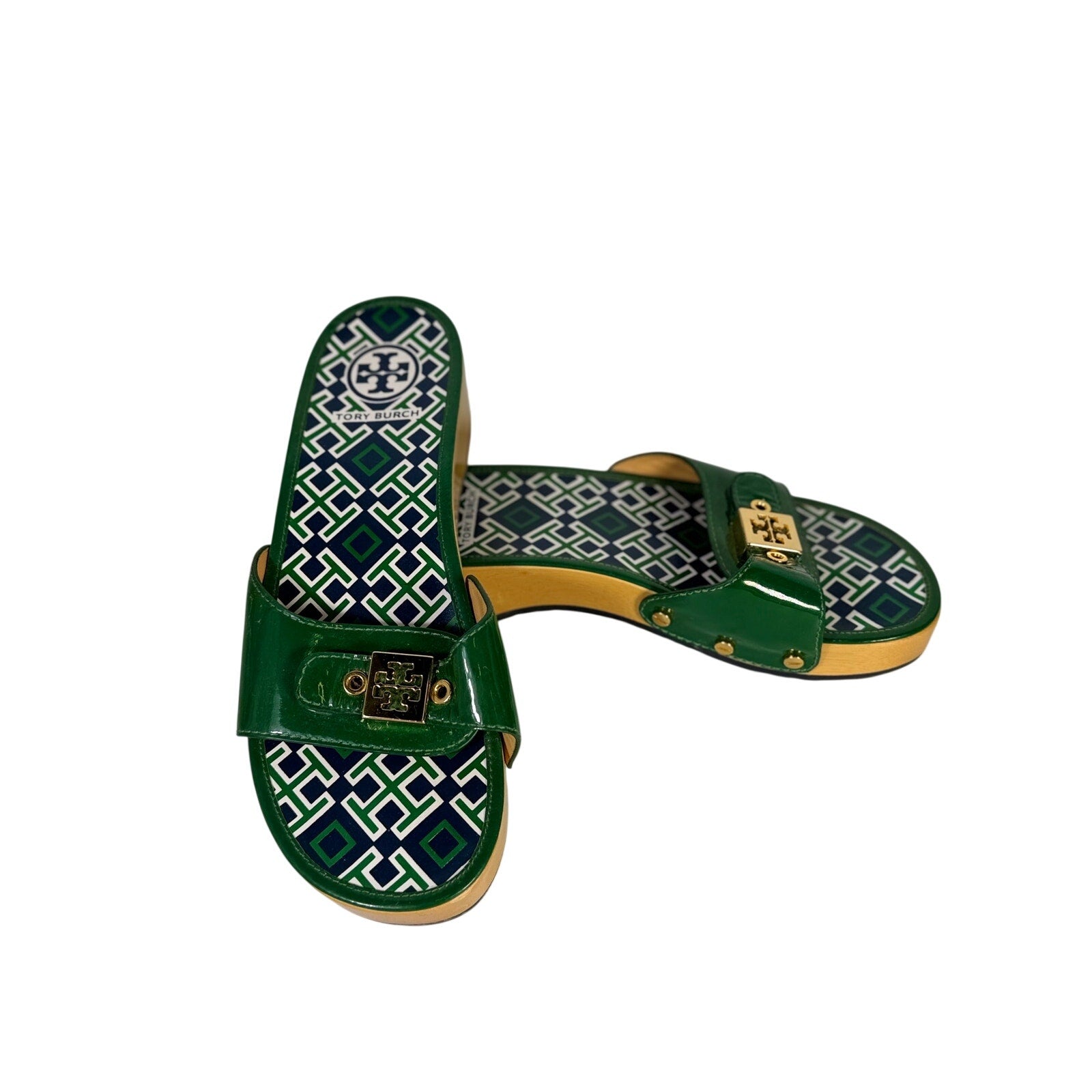 Tory Burch Green Patent Leather Slide Sandals Women's Size 8.5 Made in Brazil