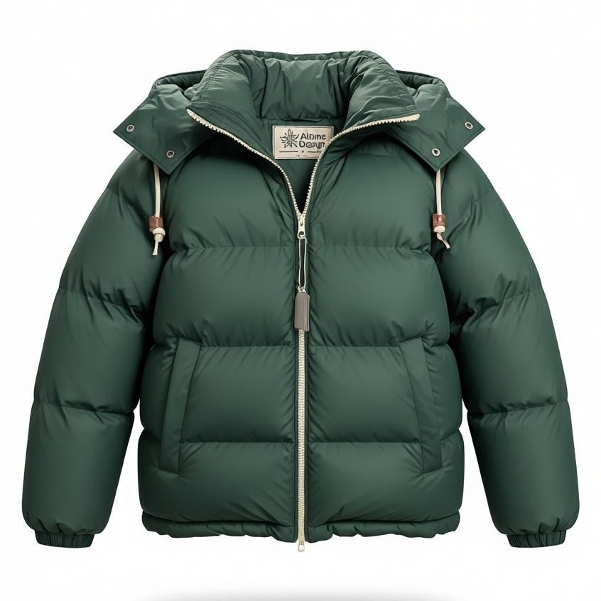 Men's Alpine Design puffer jacket parka in green with water-repellent fabric, size small, featuring a hood and insulated design.