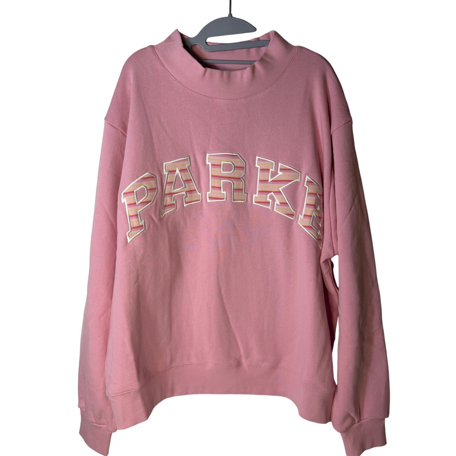 PARKE Pink Mock Neck Oversized Sweatshirt Pullover Striped Logo Appliqué Women's L/XL
