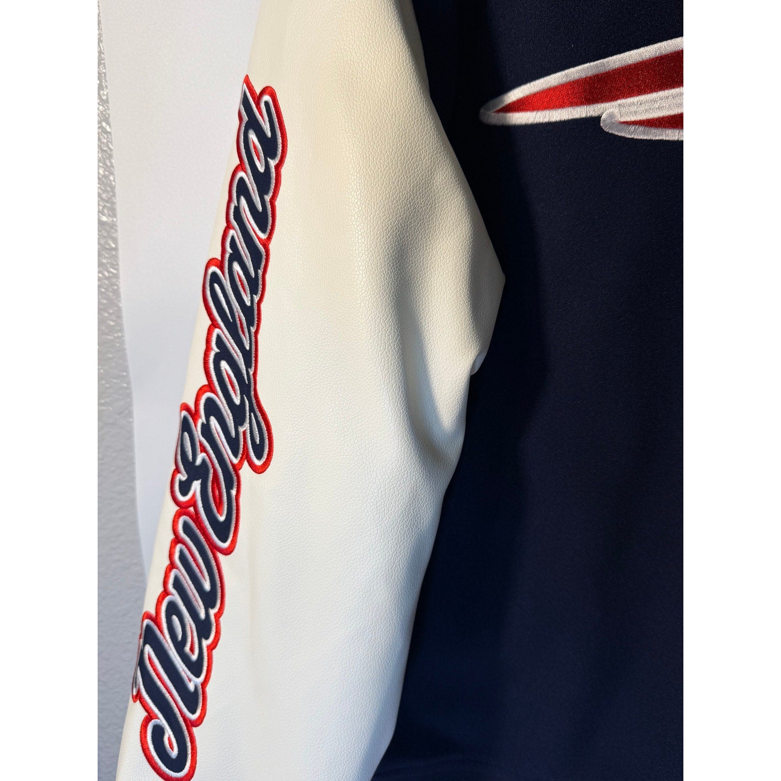 New England Patriots Women's Varsity Jacket Hoodie Blue/White XL NFL Team Apparel Embroidered Wool Faux Leather