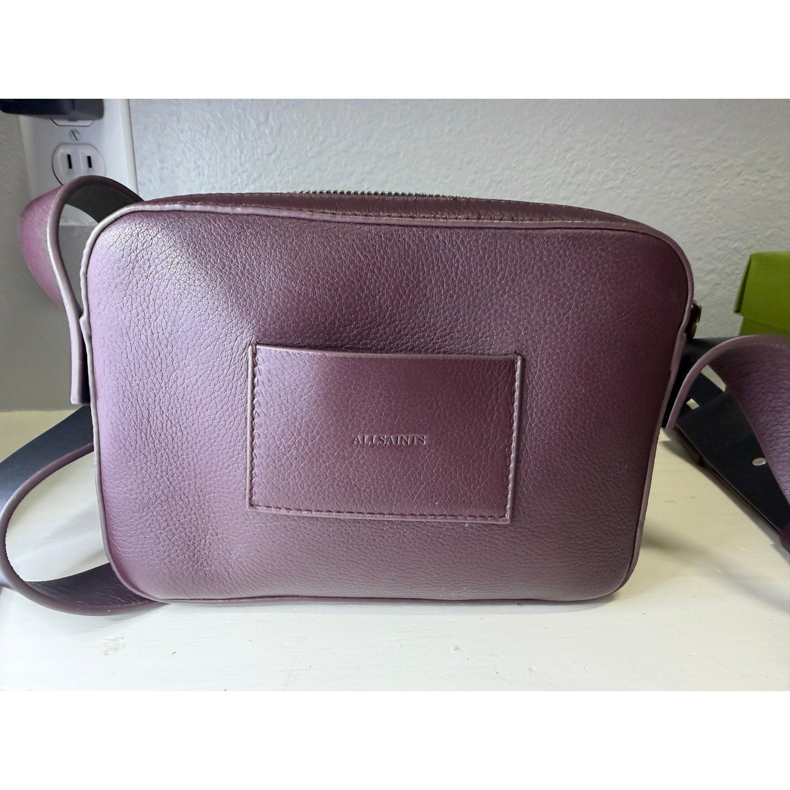 AllSaints Women’s Burgundy Pebbled Leather Camera Crossbody Bag Adjustable Strap