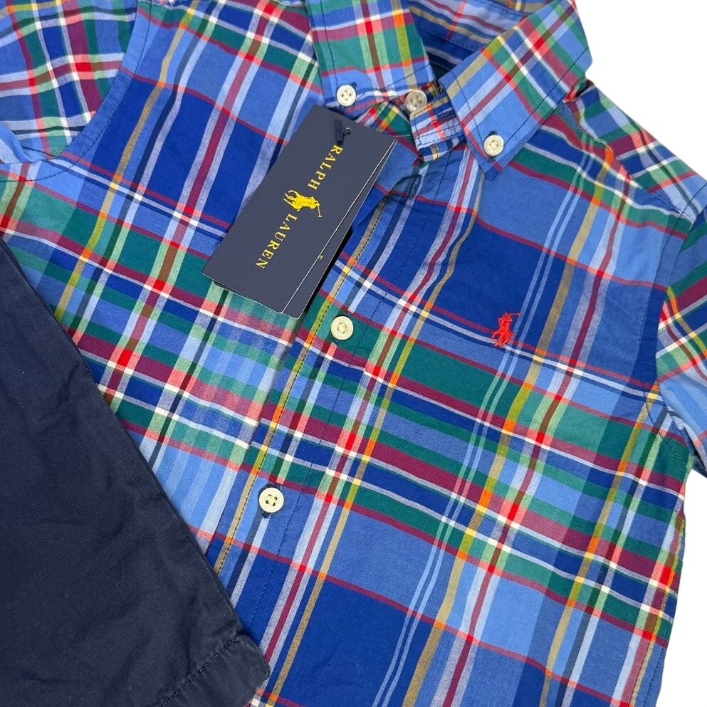 Polo Ralph Lauren Boys Plaid Shirt Size 2T Navy Chino Shorts Size 4T Outfit Set