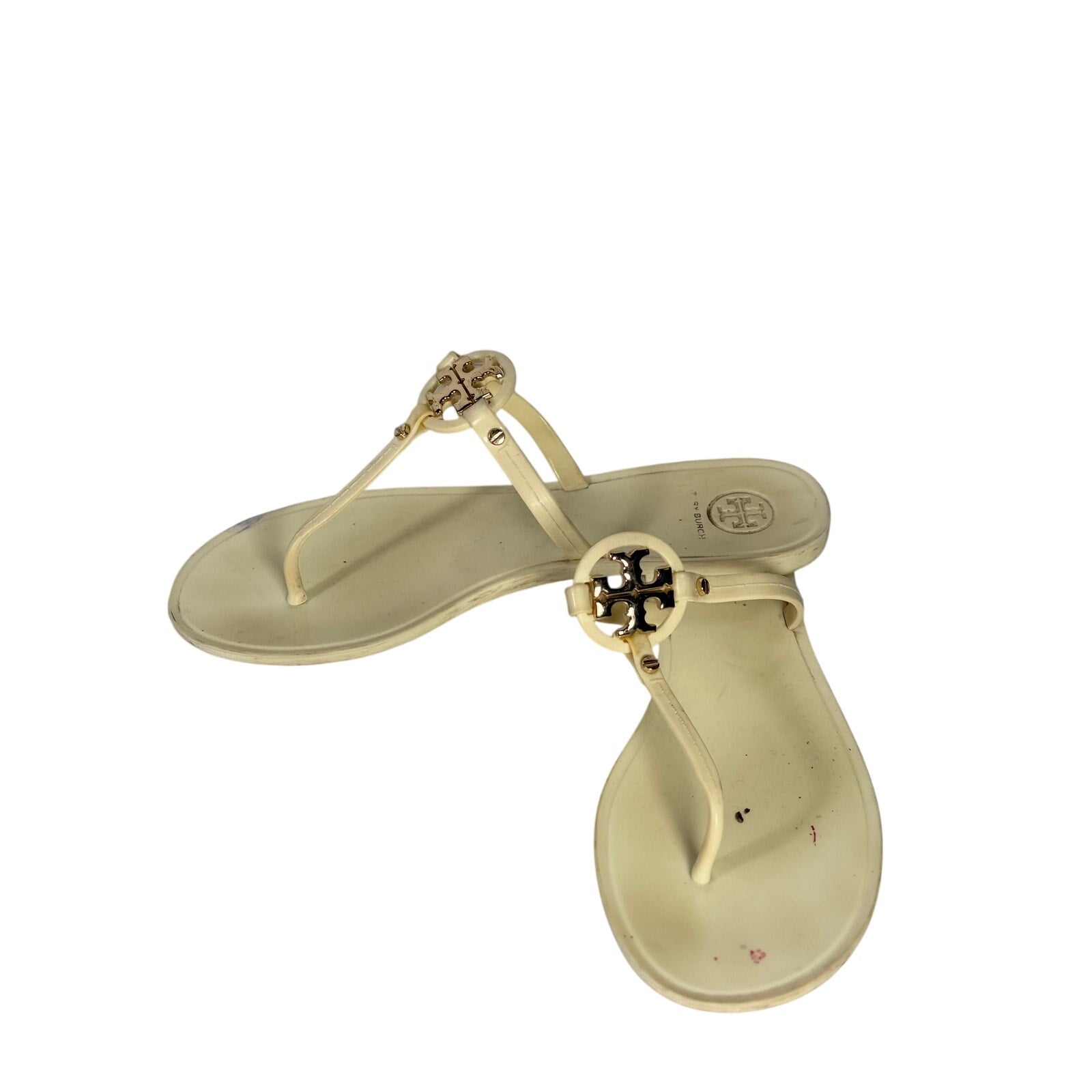 Tory Burch Miller Jelly Sandals Women's US 8 Ivory Cream Gold Logo Flip Flops