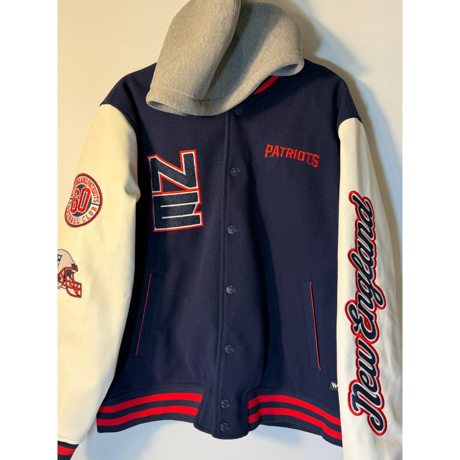 New England Patriots Women's Varsity Jacket Hoodie Blue/White XL NFL Team Apparel Embroidered Wool Faux Leather