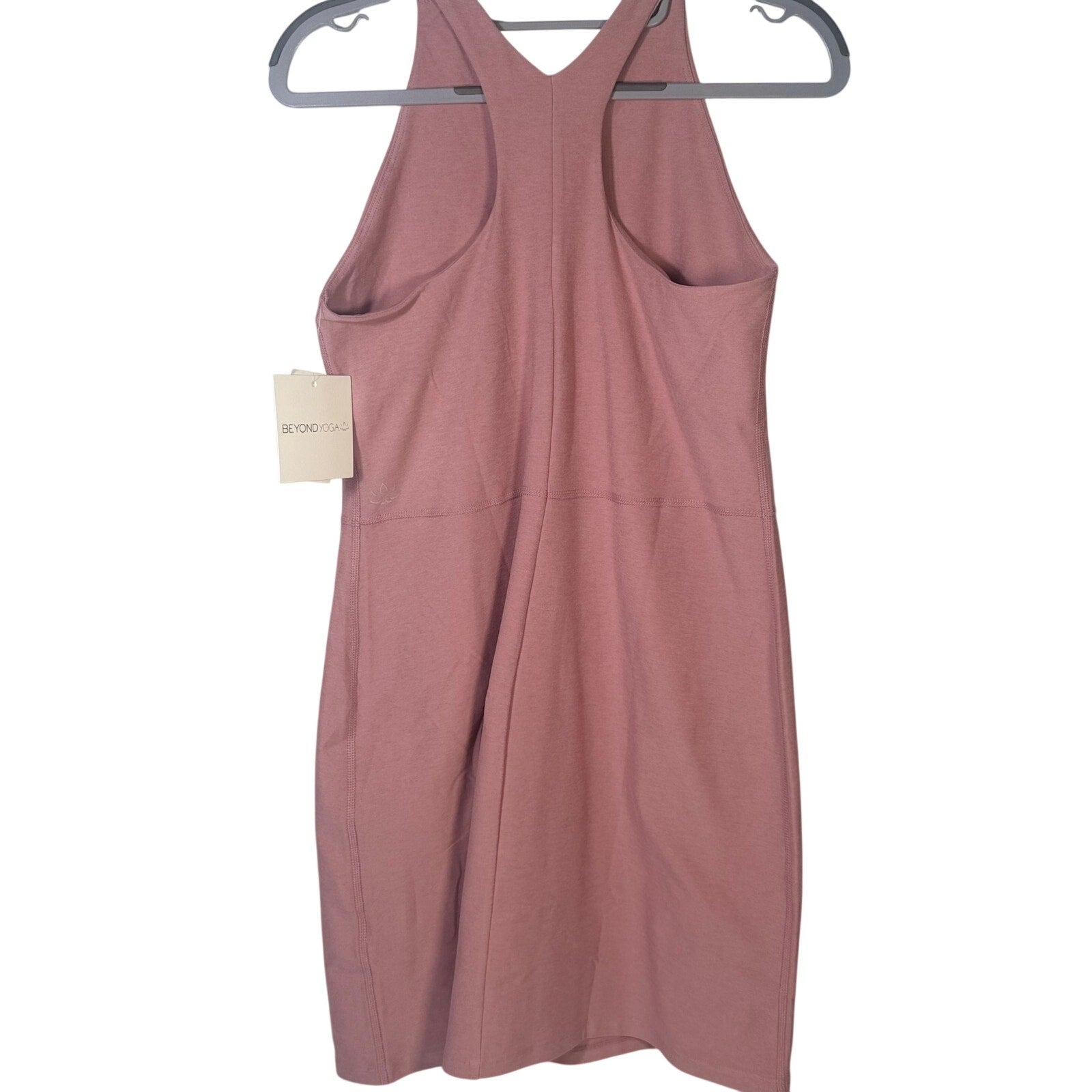 Beyond Yoga women's racerback midi tank dress in dusty rose, size M, showcasing the soft fabric and stylish fit.