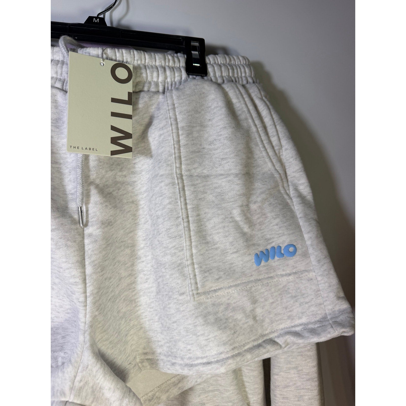 WILO The Label Women’s 2-Piece Hoodie Shorts Set White Marle Blue L NWT