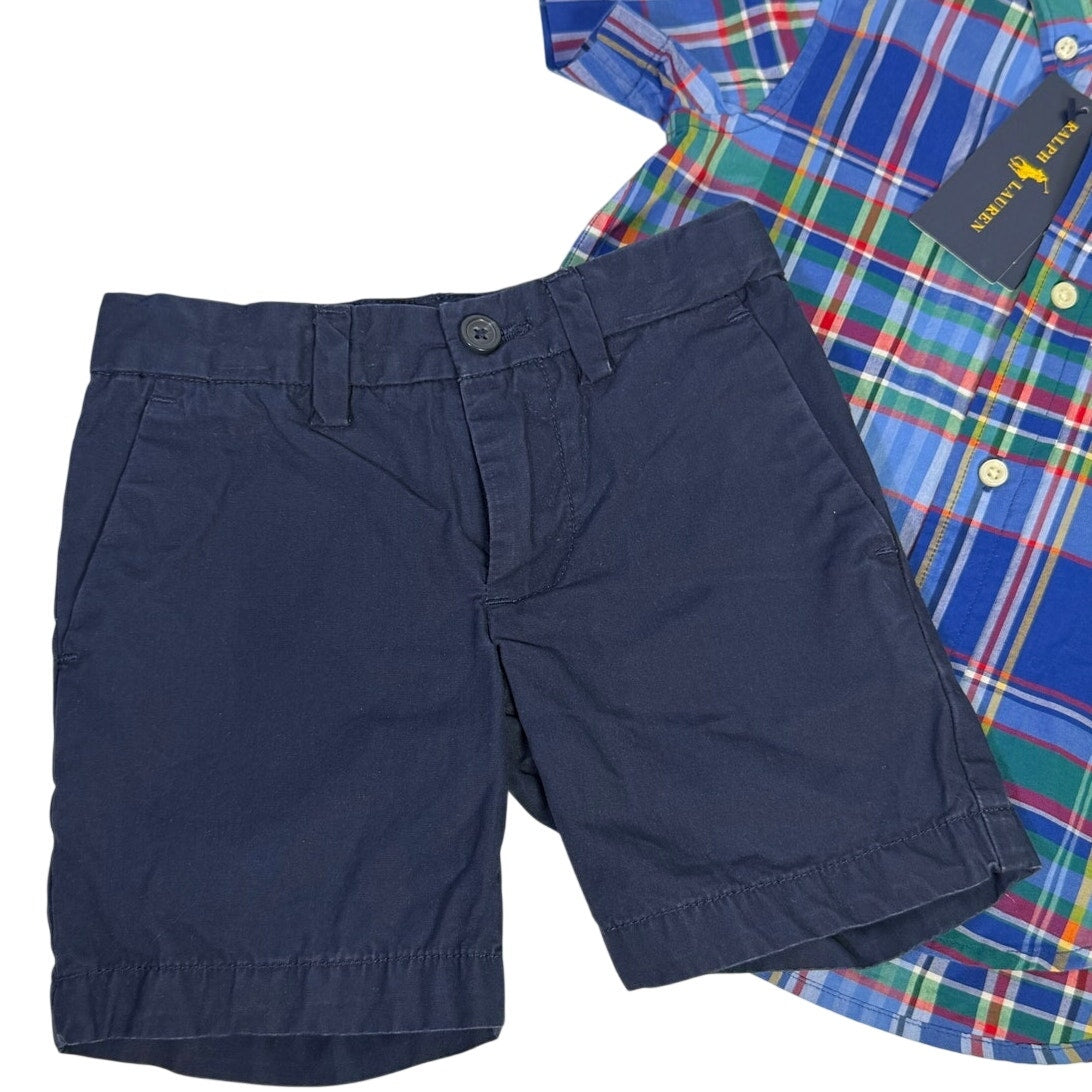 Polo Ralph Lauren Boys Plaid Shirt Size 2T Navy Chino Shorts Size 4T Outfit Set