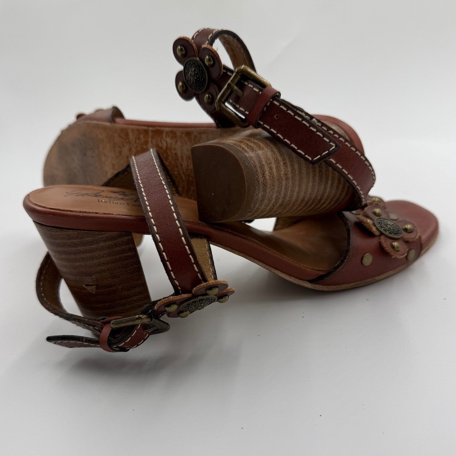 Patricia Nash Italian Leather Floral Studded Sandals Brown Women's 9.5