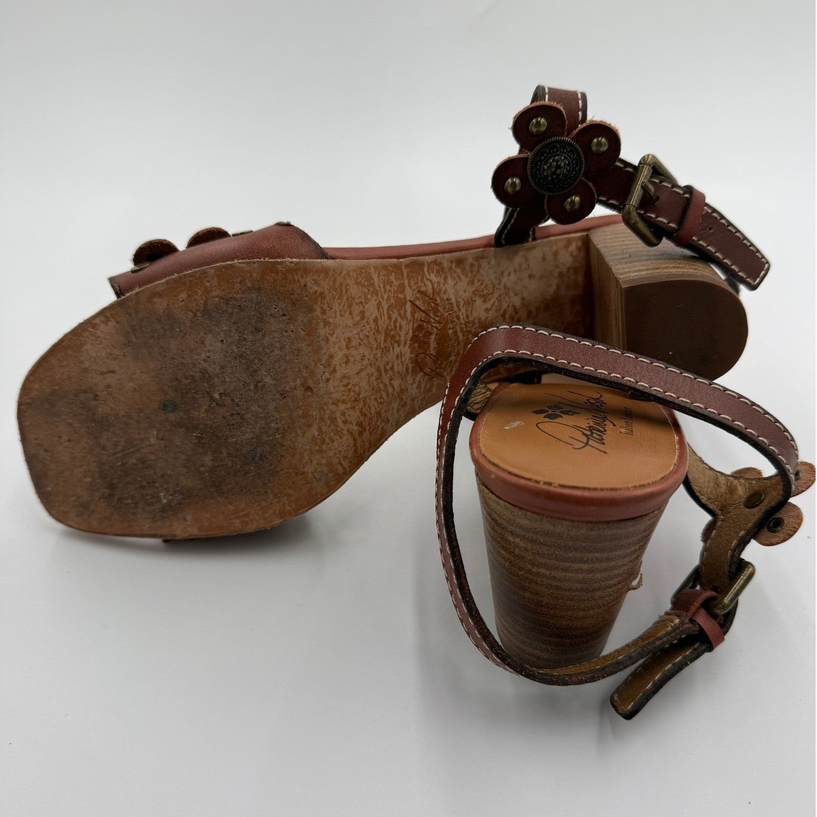 Patricia Nash Italian Leather Floral Studded Sandals Brown Women's 9.5