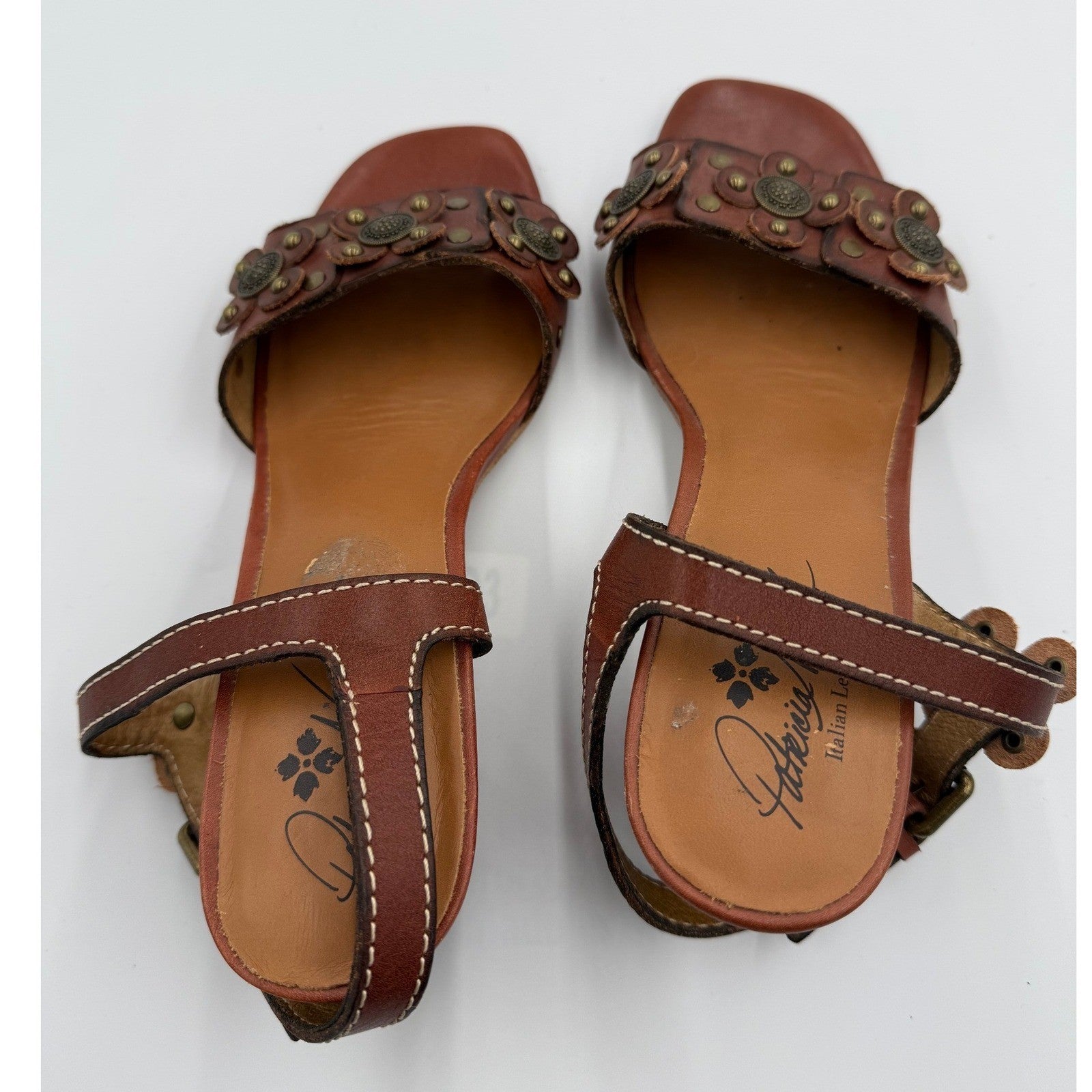 Patricia Nash Italian Leather Floral Studded Sandals Brown Women's 9.5