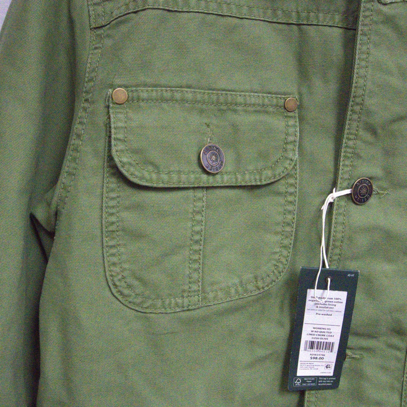NWT Alpine Design Women's Extra Small Quilted Lined Chore Coat (Lush Olive)