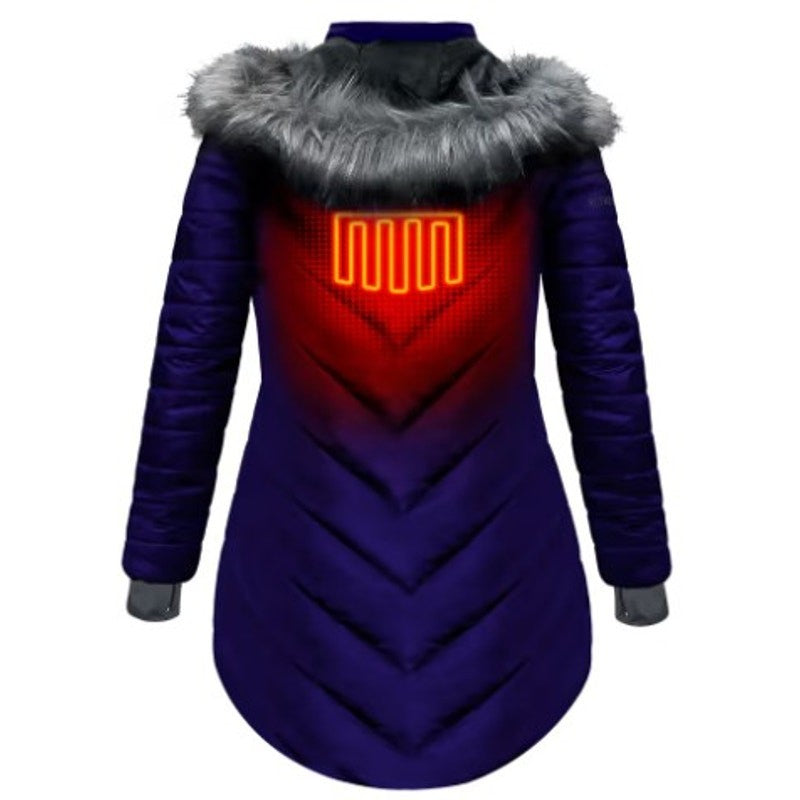 NWT ActionHeat 5V Heated Long Puffer Jacket with Hood for Ladies - Indigo - XS
