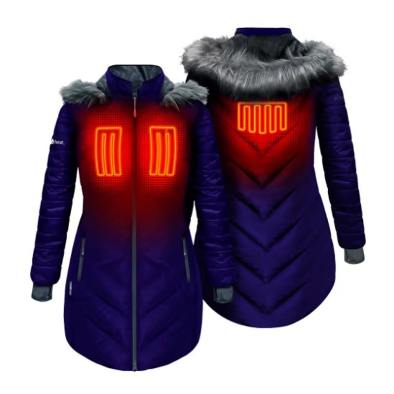 NWT ActionHeat 5V Heated Long Puffer Jacket with Hood for Ladies - Indigo - XS