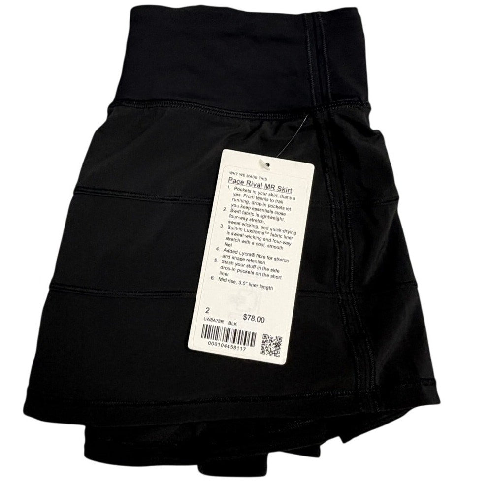 NWT Lululemon Pace Rival Mid-Rise Skirt – Black – Size 2