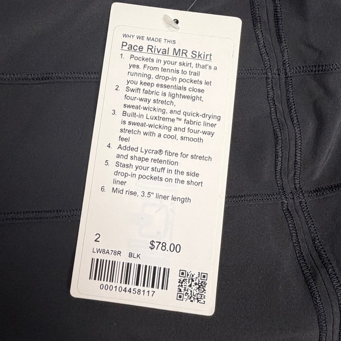 NWT Lululemon Pace Rival Mid-Rise Skirt – Black – Size 2