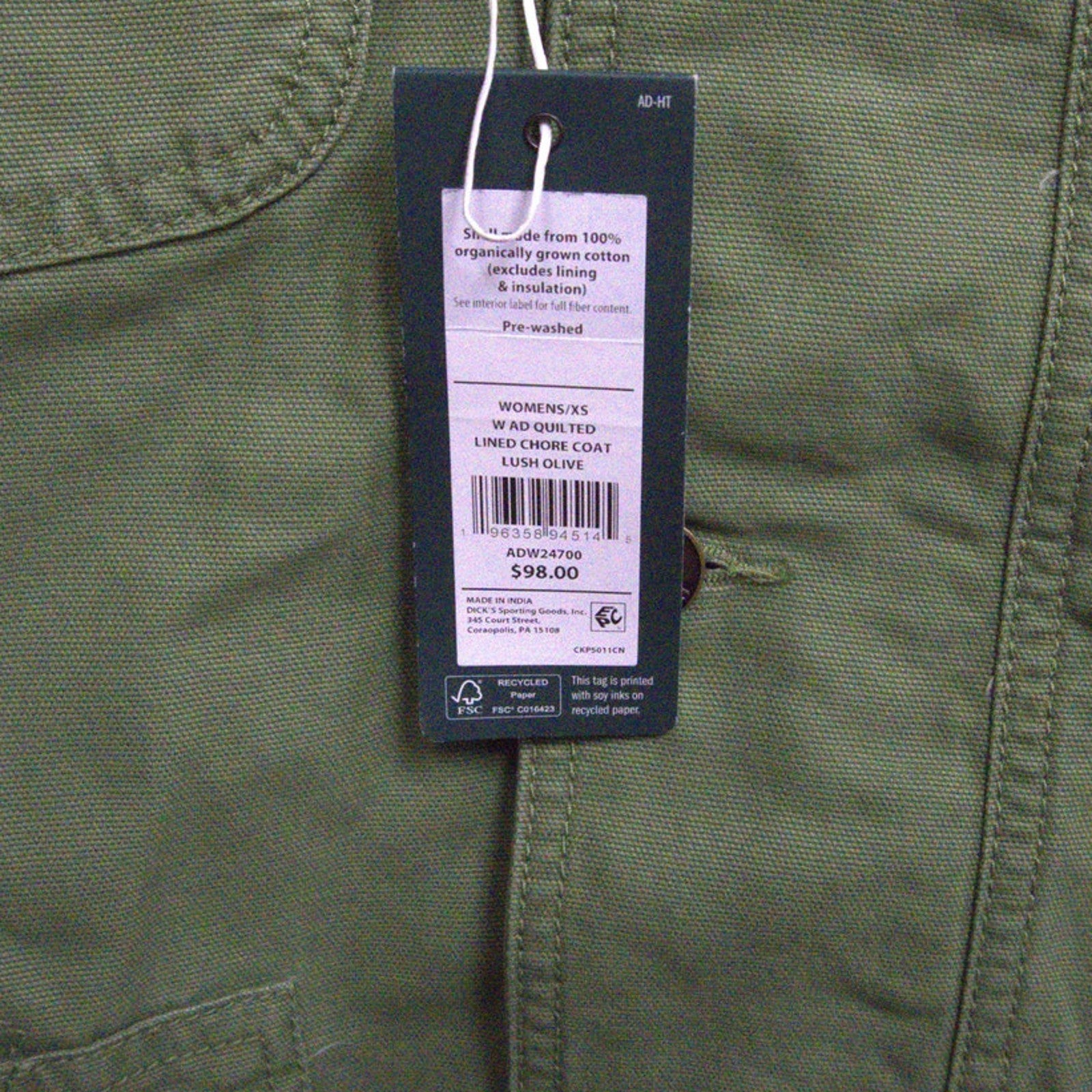 NWT Alpine Design Women's Extra Small Quilted Lined Chore Coat (Lush Olive)