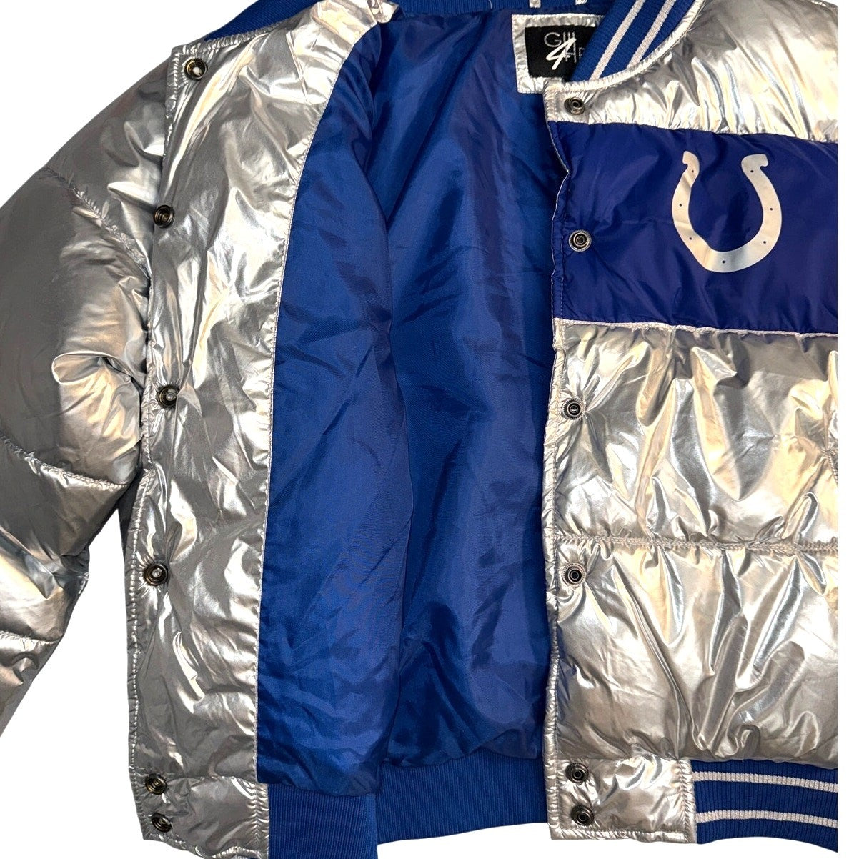 NWOT GH4Her Colts Metallic Silver Puffer Jacket Women's Large